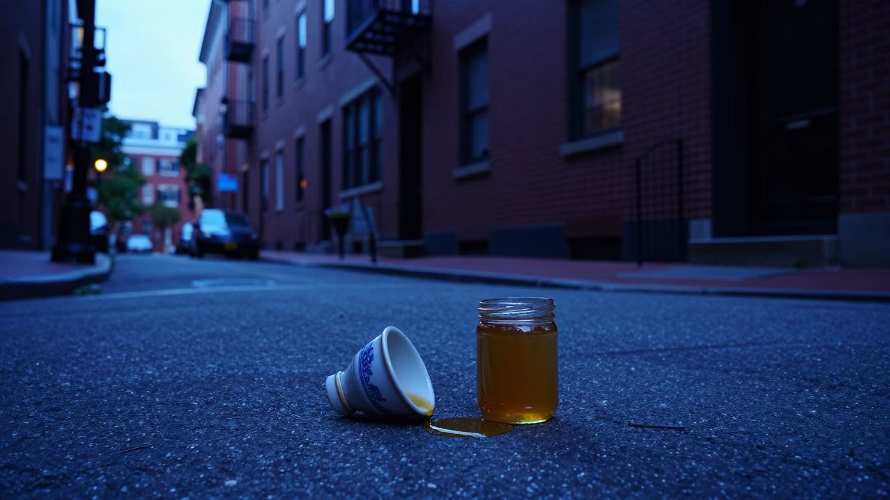 Blue Hour Boston Street Scene with Honey Dipper and Baguettes on Wooden Sill in in Boston, Massachusetts, United States