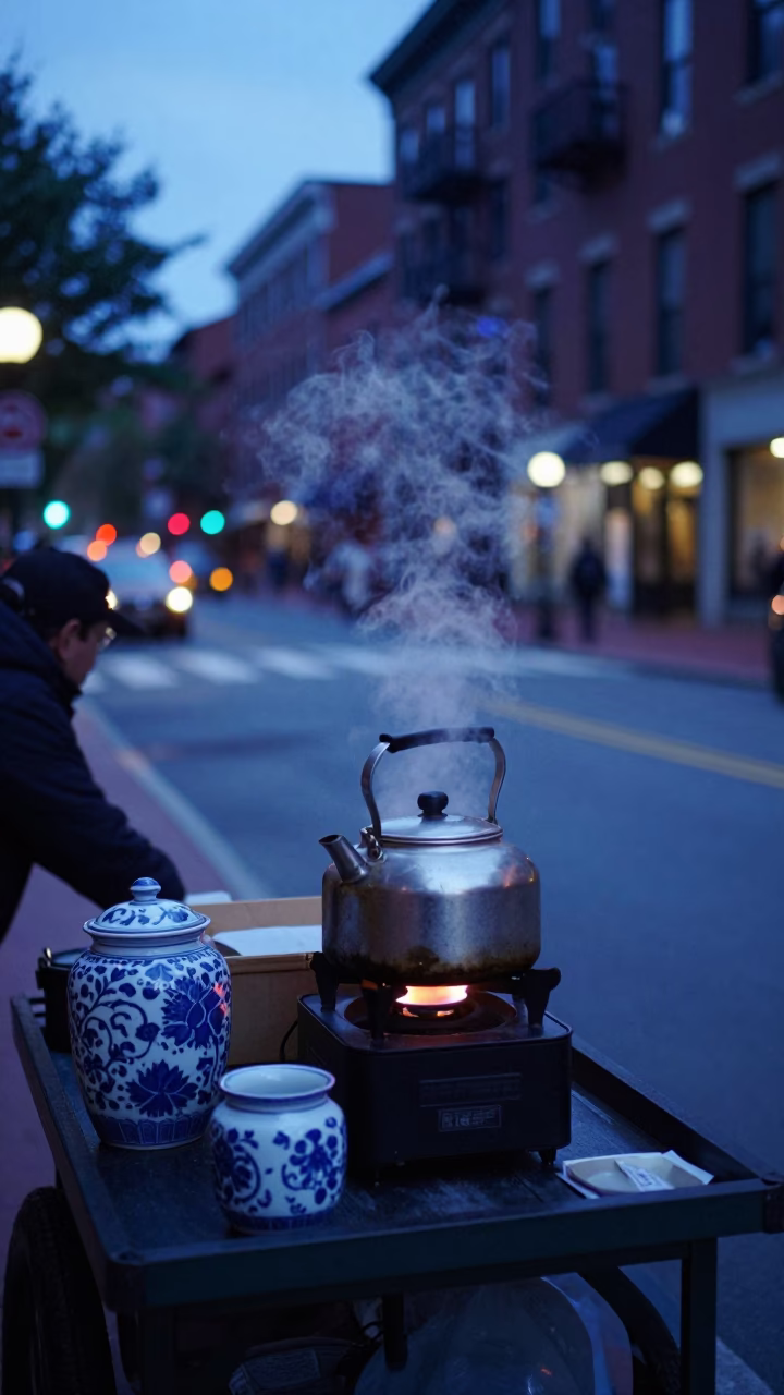 Blue Hour Boston Street Scene with Kettle and Porcelain Jar in in Boston, Massachusetts, United States