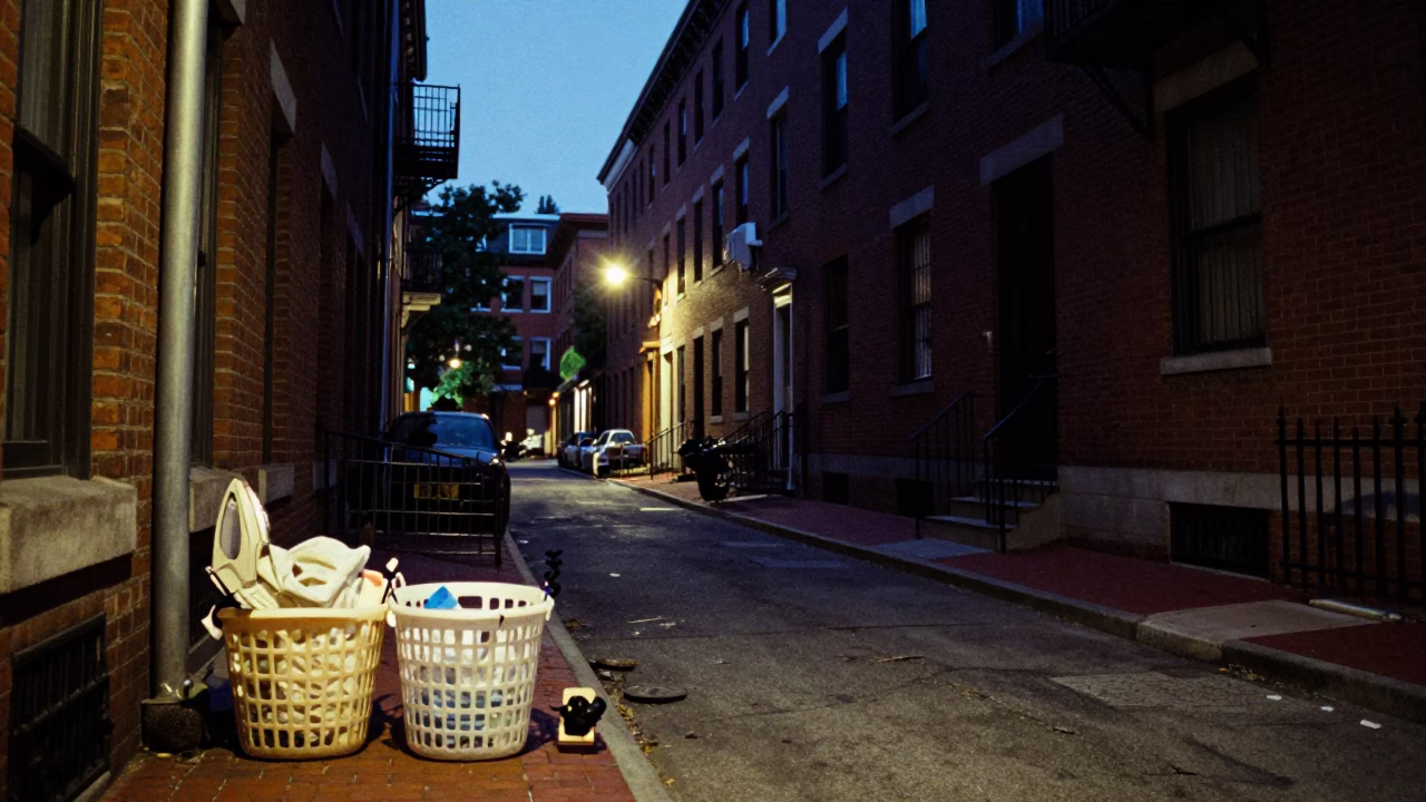 Blue Hour Boston Street Scene with Laundry Basket and Iron Hook on Cobblestone in in Boston, Massachusetts, United States
