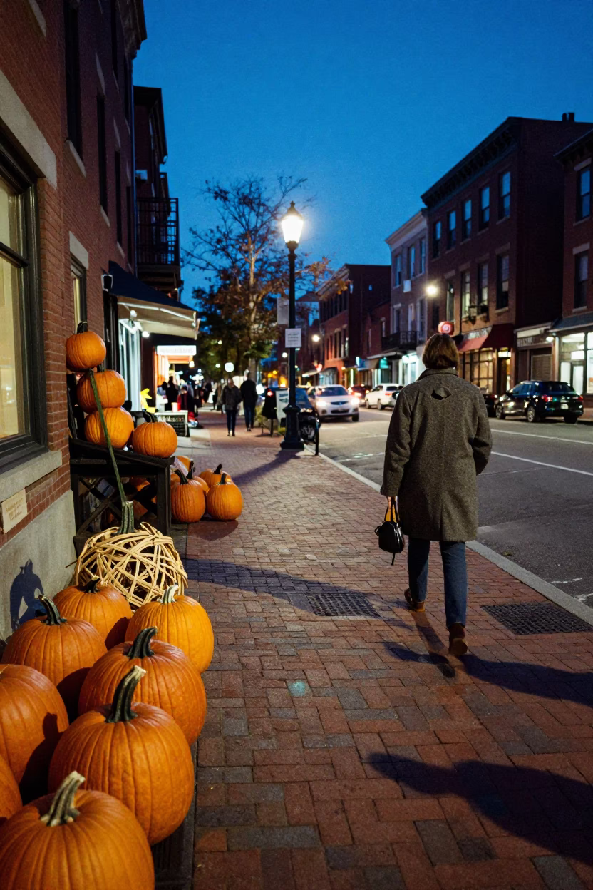Blue Hour Boston Street Scene with Pumpkins and Wicker Shadows on Fabric in in Boston, Massachusetts, United States