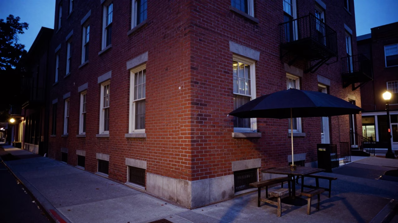 Blue Hour Boston Street Scene with Umbrella and Brick Building in in Boston, Massachusetts, United States