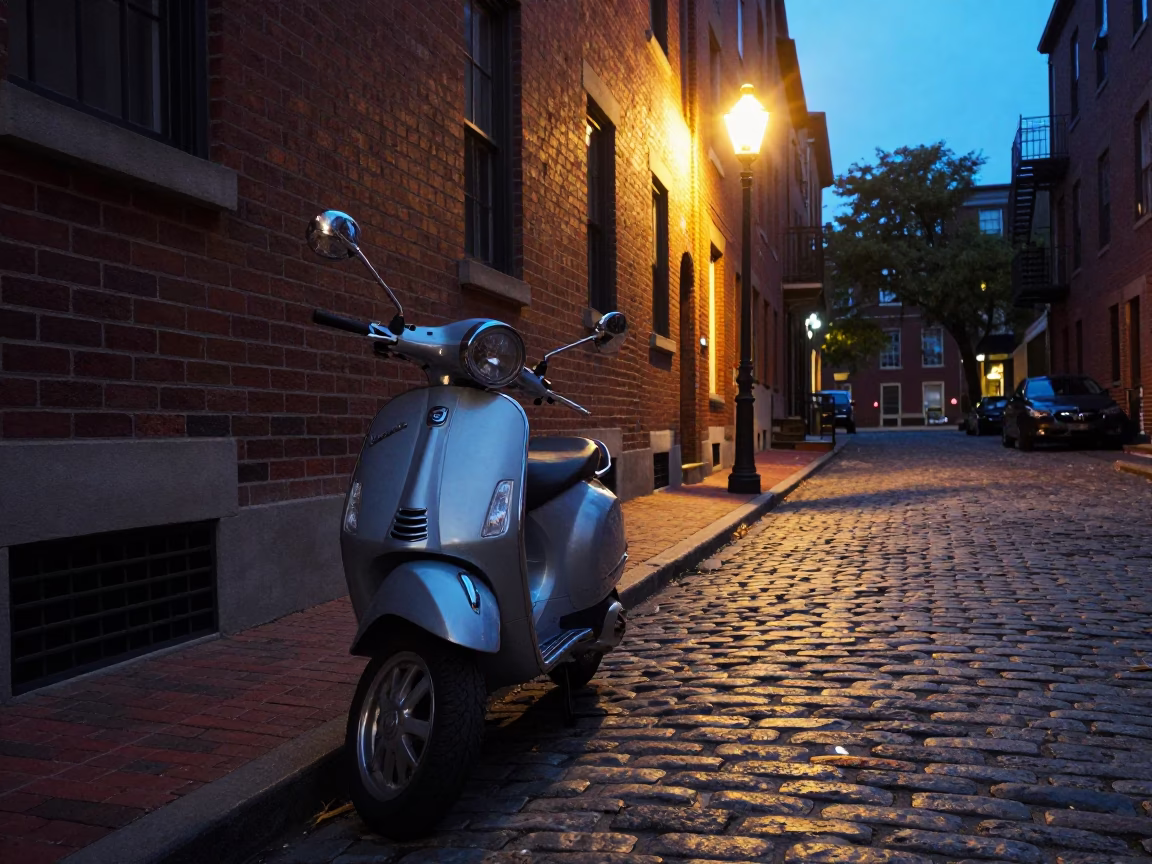 Blue Hour Boston Street Scene with Vintage Vespa and Cobblestone Lane in in Boston, Massachusetts, United States