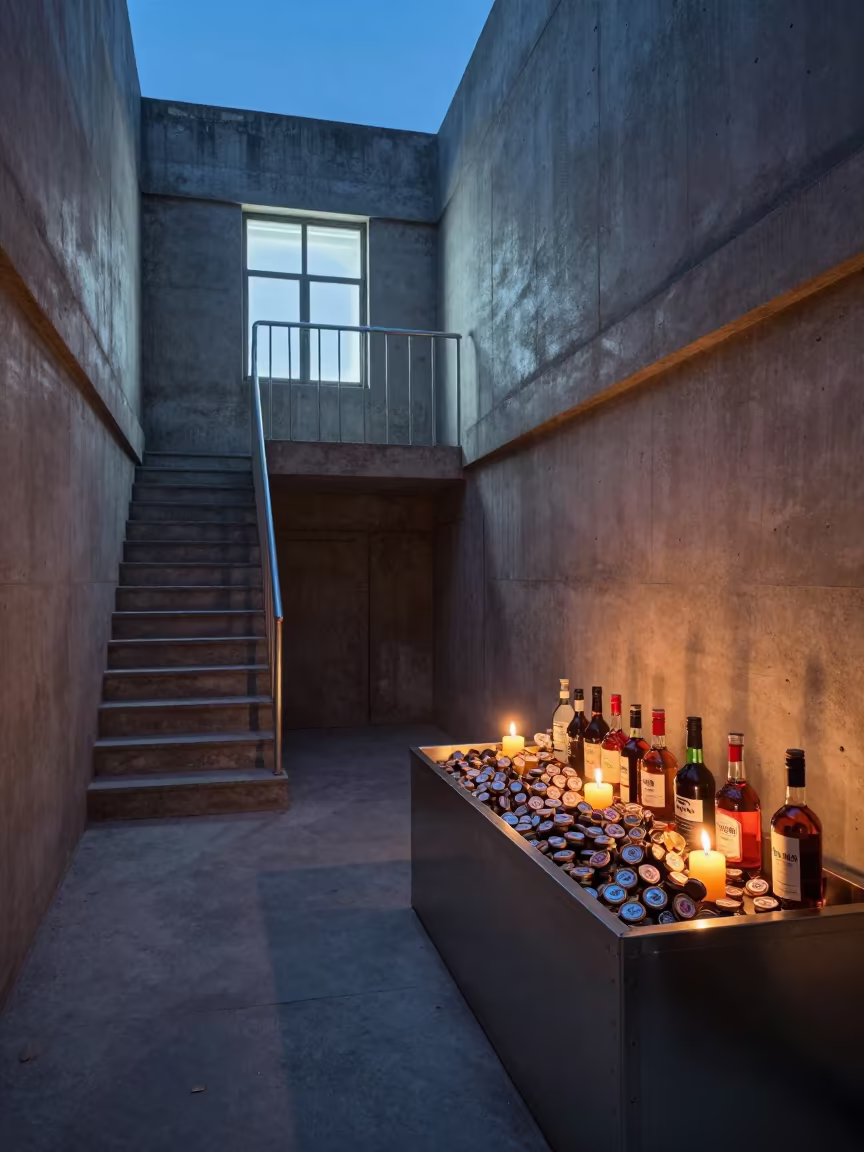 Blue Hour Bottle Cap Bin Surreal Staircase in inside a bright retail aisle in Kafr el-Sheikh