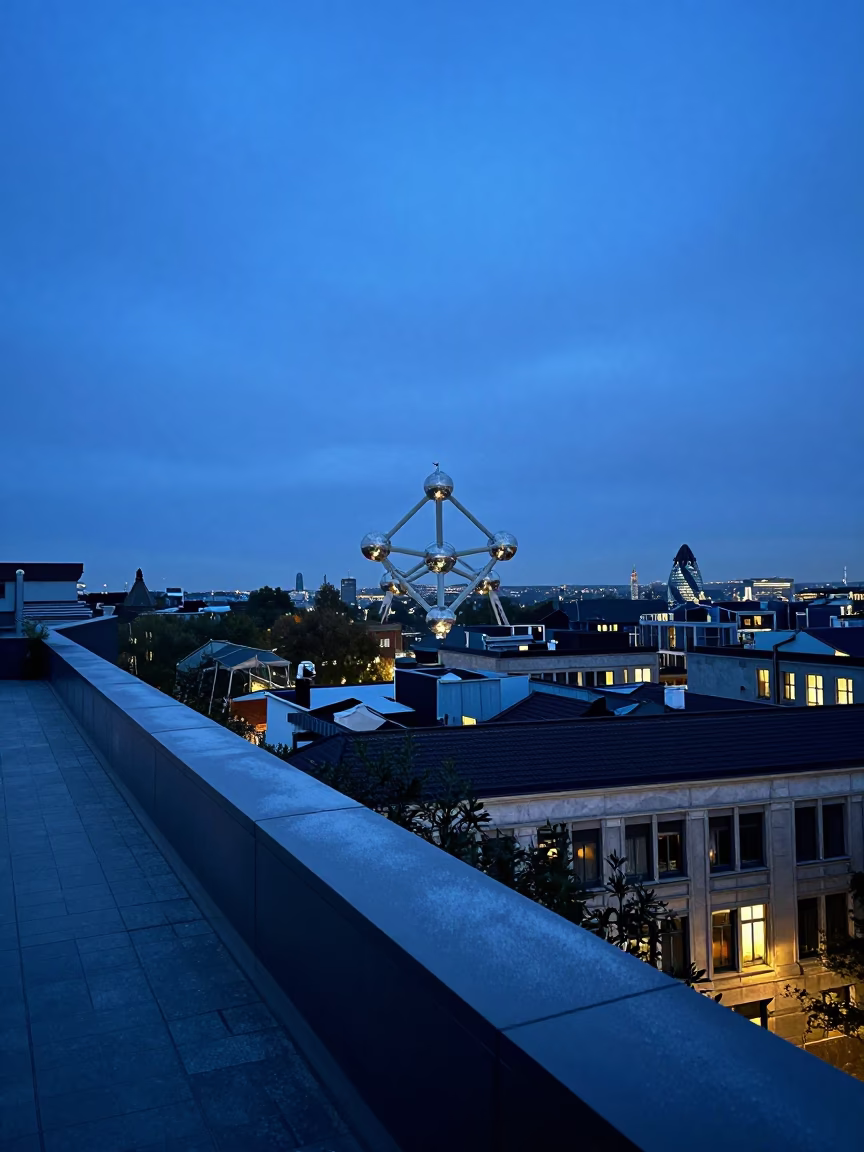 Blue Hour Brussels Skyline View with Condensation on Plaster Wall and Urban Evening Ambience in in Brussels, Belgium
