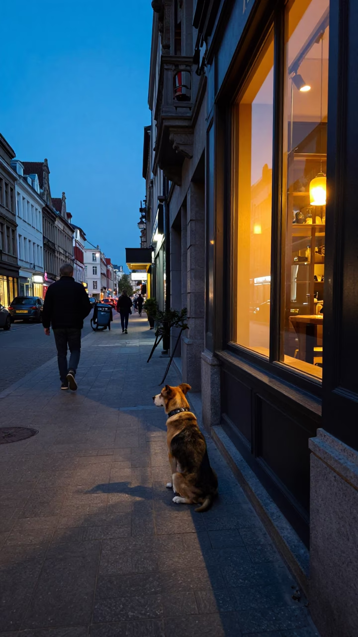 Blue Hour Brussels Street Scene with Dog and Urban Details in in Brussels, Belgium