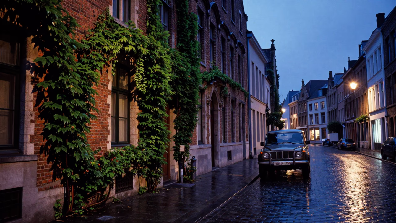 Blue Hour Brussels Street Scene with Ivy Vines and Vintage SUV in in Brussels, Belgium