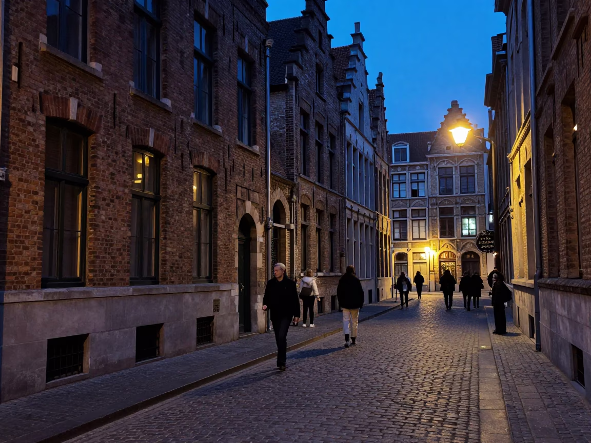 Blue Hour Brussels Street Scene with Pedestrians and Cobblestone Alley in in Brussels, Belgium