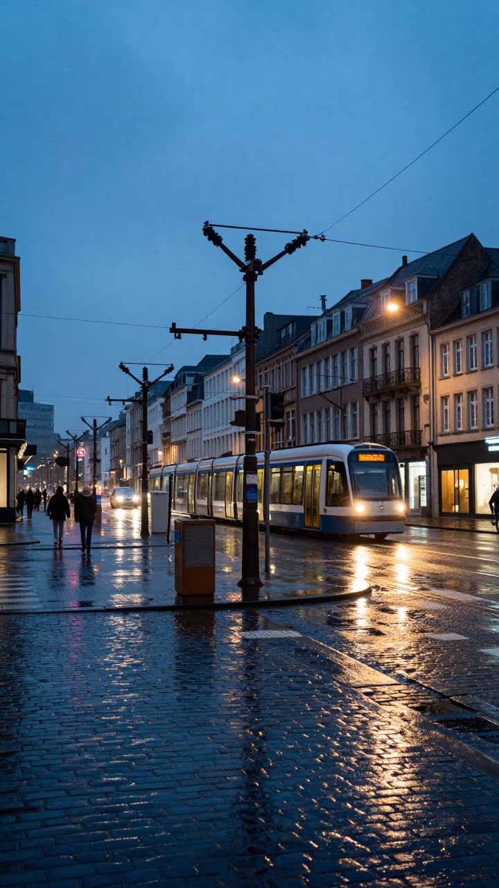 Blue Hour Brussels Street Scene with Substation Insulators and Urban Rain Reflections in in Brussels, Belgium