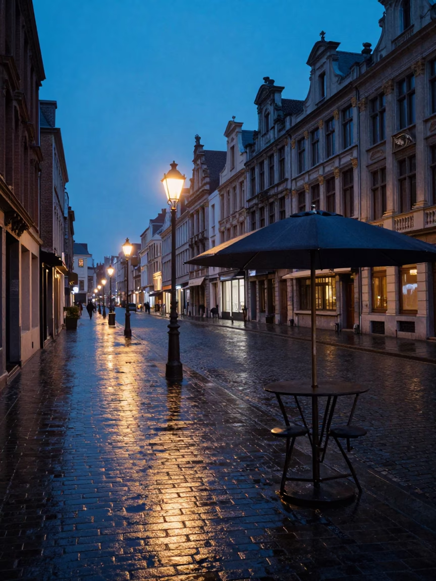 Blue Hour Brussels Street Scene with Umbrella Stand and Warm Street Food in in Brussels, Belgium
