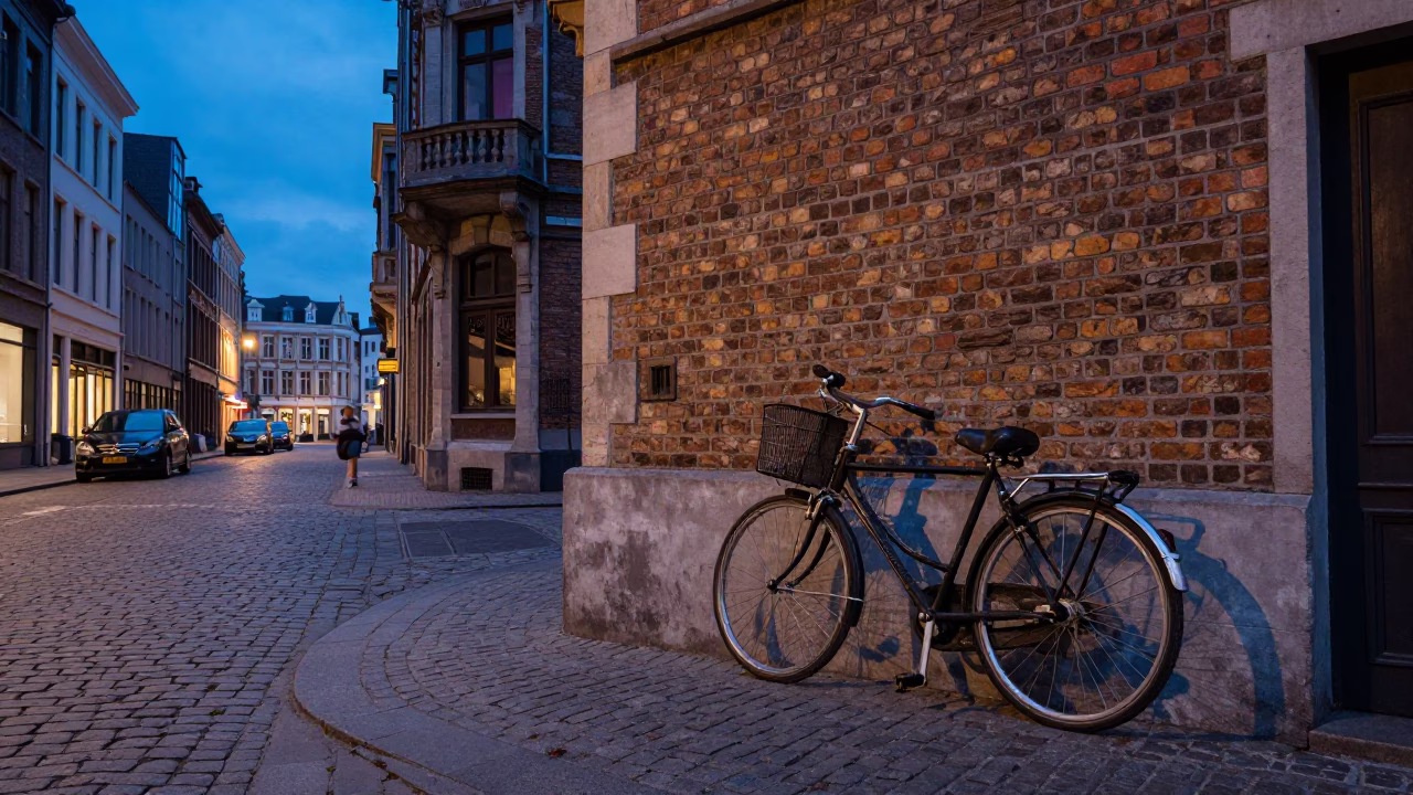 Blue Hour Brussels Street Scene with Vintage 1960s Elements and Local Details in in Brussels, Belgium