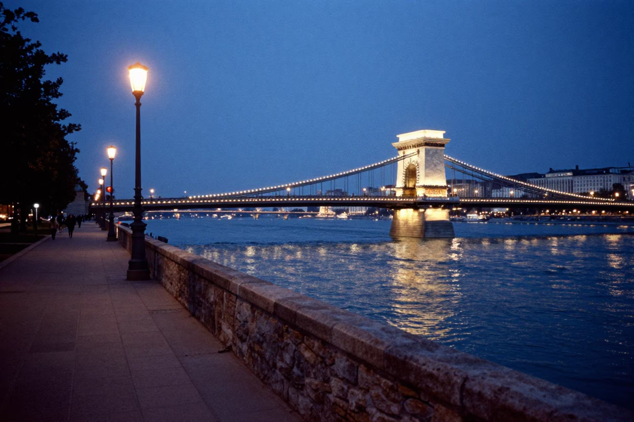Blue Hour Budapest Danube Promenade Evening Street Scene in in Budapest, Hungary