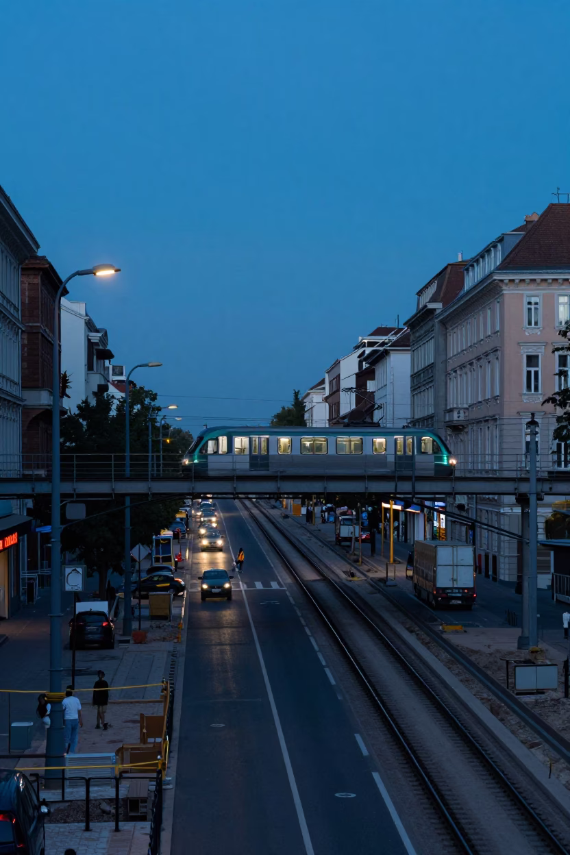 Blue Hour Budapest Monorail View Over City Street and Construction Site in in Budapest, Hungary