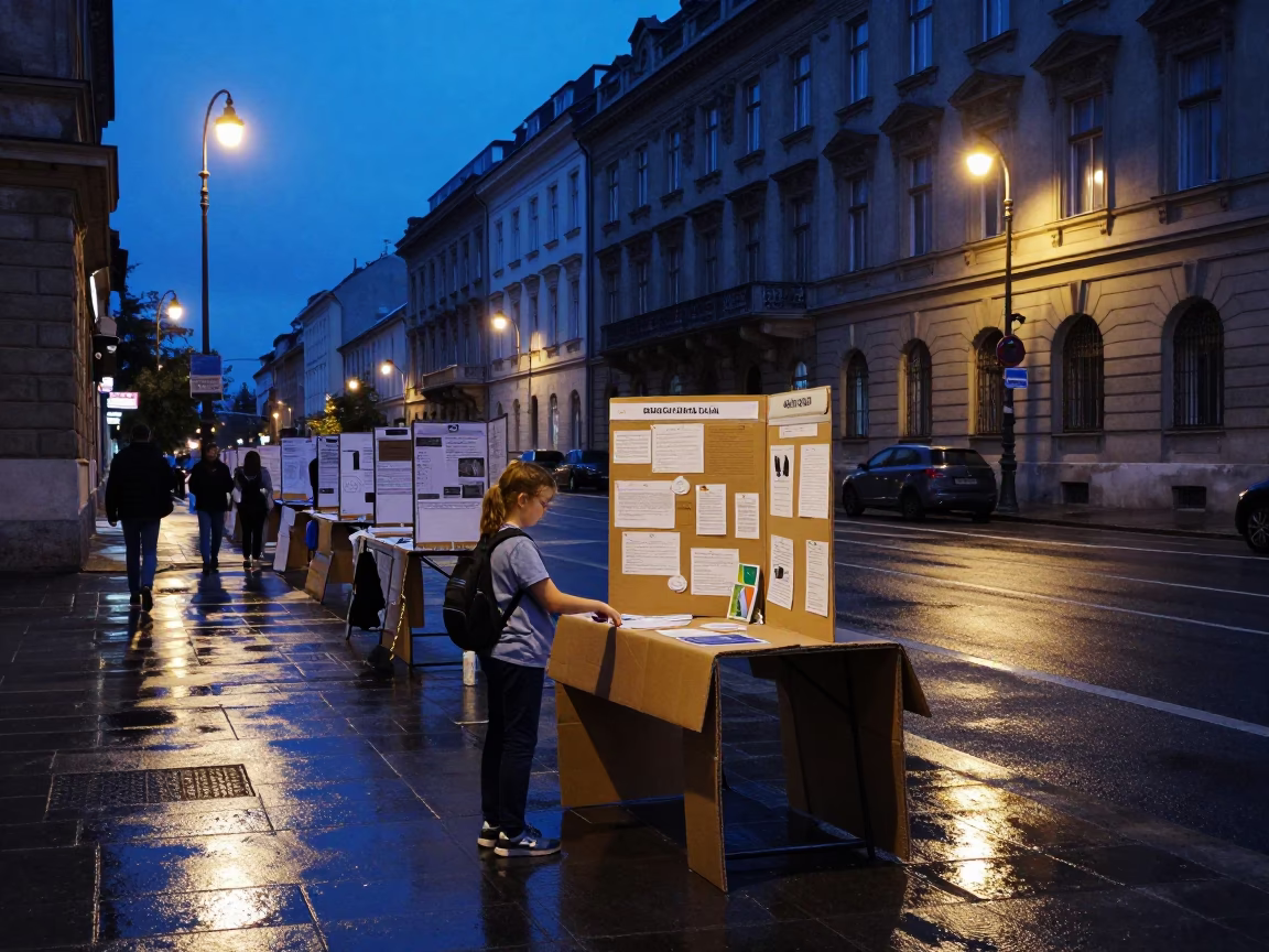 Blue Hour Budapest Street Scene with Child Science Fair Project Display in in Budapest, Hungary