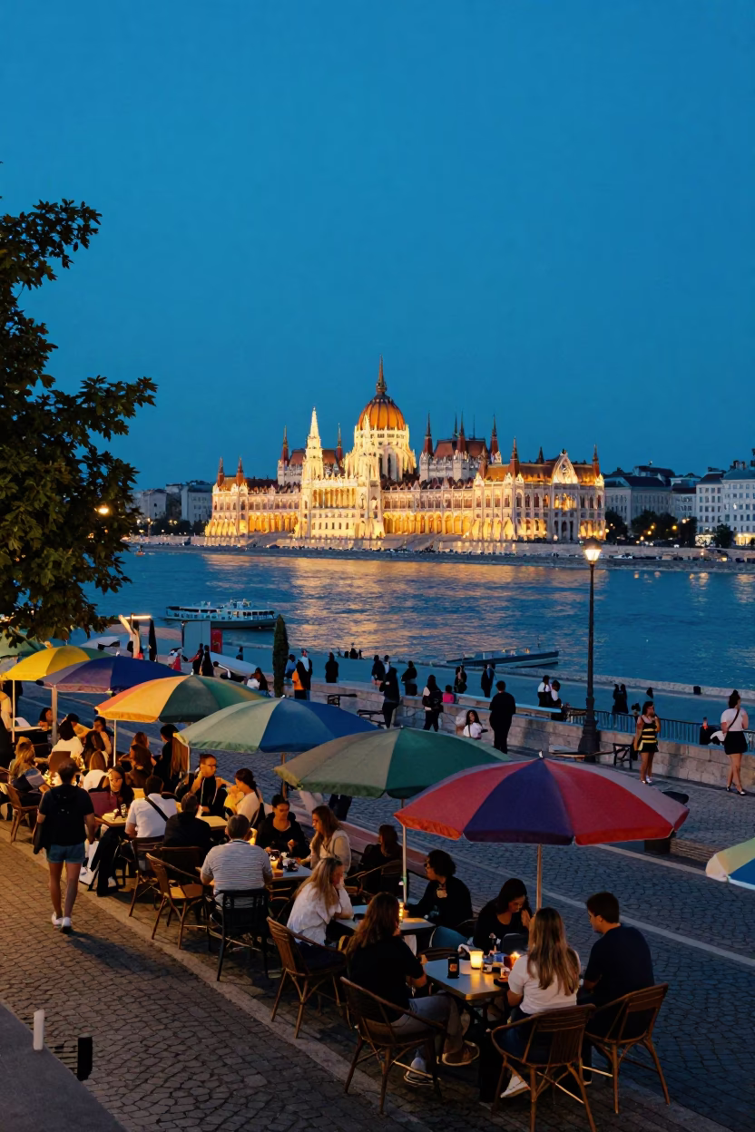Blue Hour Budapest Street Scene with Colorful Umbrellas and City Lights in in Budapest, Hungary