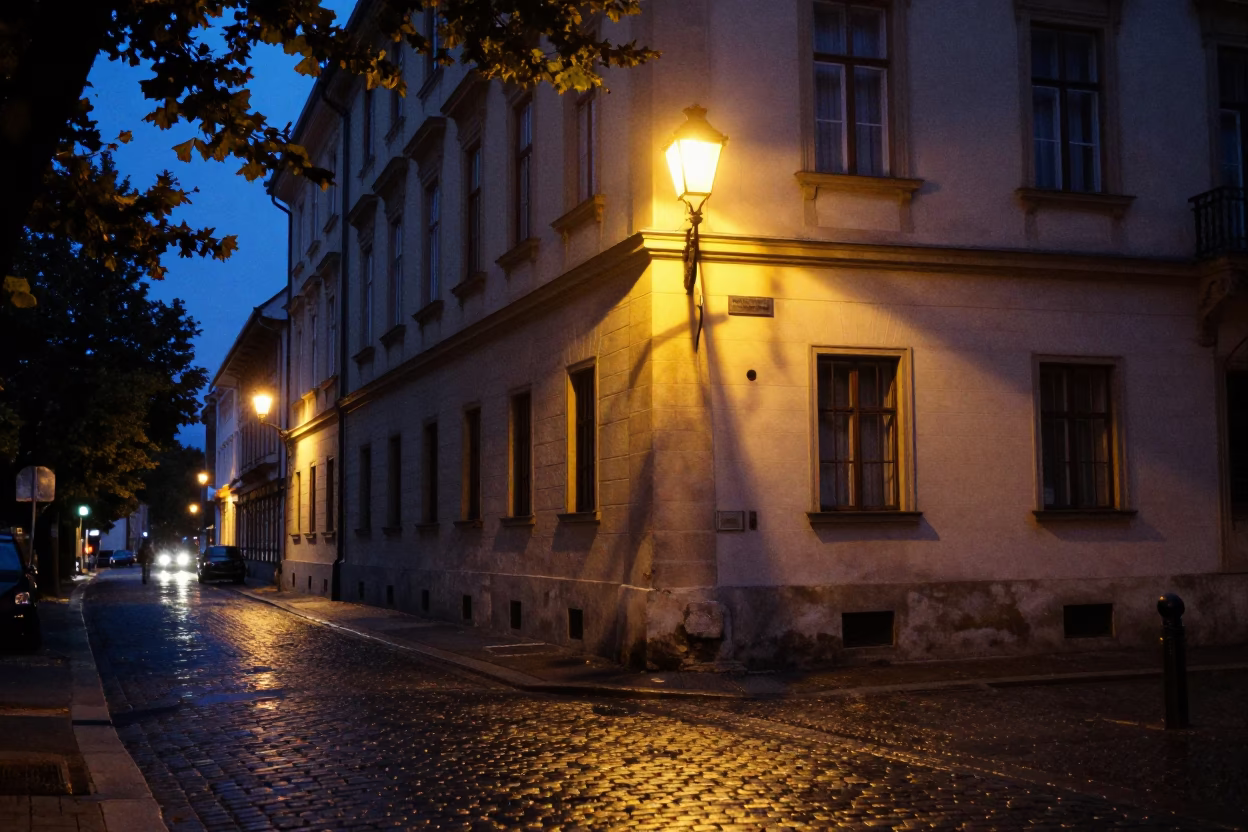 Blue Hour Budapest Street Scene with Dappled Leaf Shadows on Plaster in in Budapest, Hungary