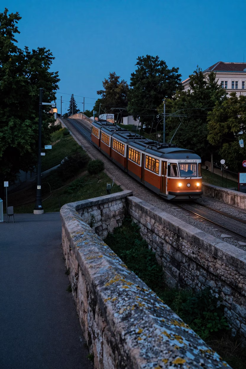 Blue Hour Budapest Street Scene with Funicular and Lichen Parapets in in Budapest, Hungary