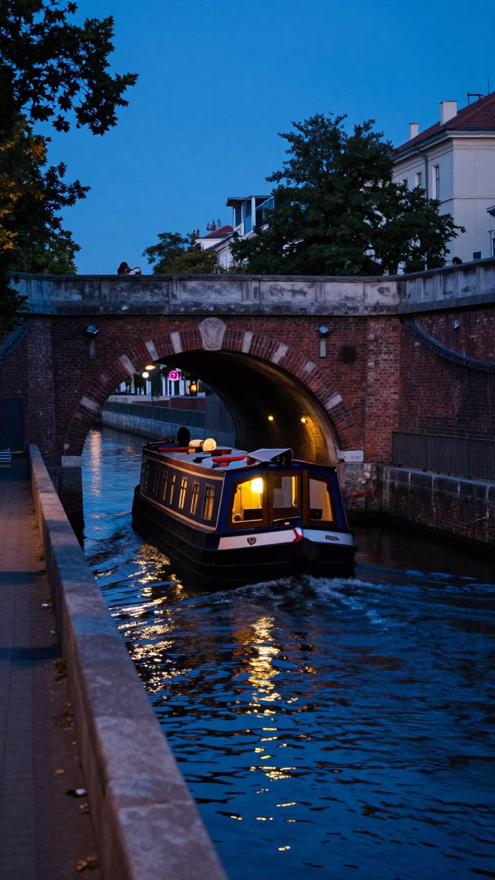Blue Hour Budapest Street Scene with Narrowboat Passing Brick Canal Tunnel in in Budapest, Hungary