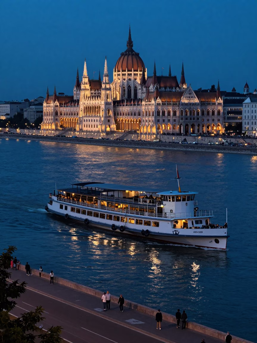 Blue Hour Budapest Street Scene with Paddlewheel Steamboat on the Danube River in in Budapest, Hungary