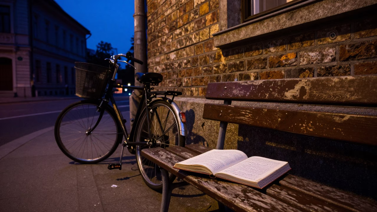 Blue Hour Budapest Street Scene with Vintage Bicycle and Ledger on Bench in in Budapest, Hungary