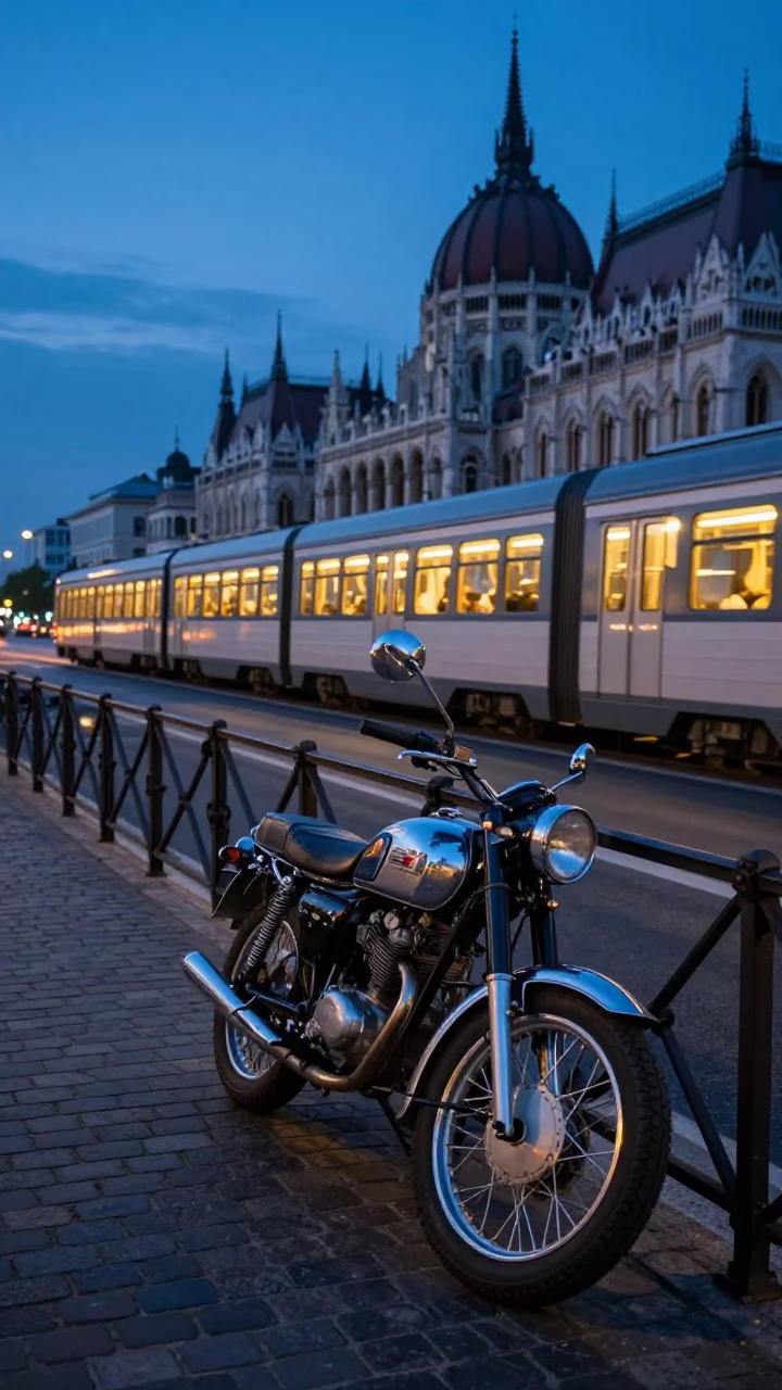 Blue Hour Budapest Street Scene with Vintage Motorcycle and Lit Train Windows in in Budapest, Hungary