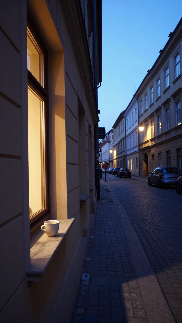 Blue Hour Budapest Street Scene with Window Light and Ceramic Cup in in Budapest, Hungary