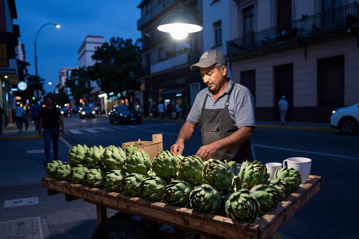 Blue Hour Buenos Aires Street Scene with Artichokes and Ceramic Cup in in Buenos Aires, Argentina