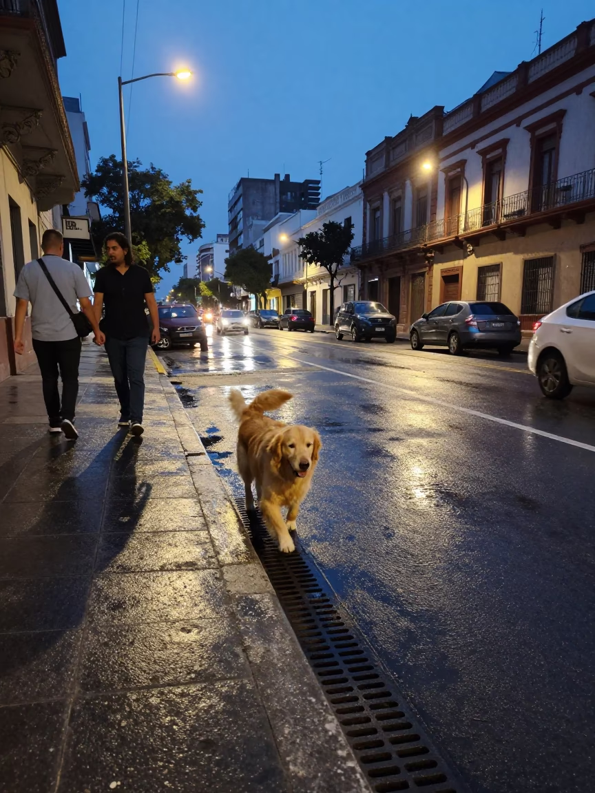 Blue Hour Buenos Aires Street Scene with Golden Retriever and Urban Details in in Buenos Aires, Argentina