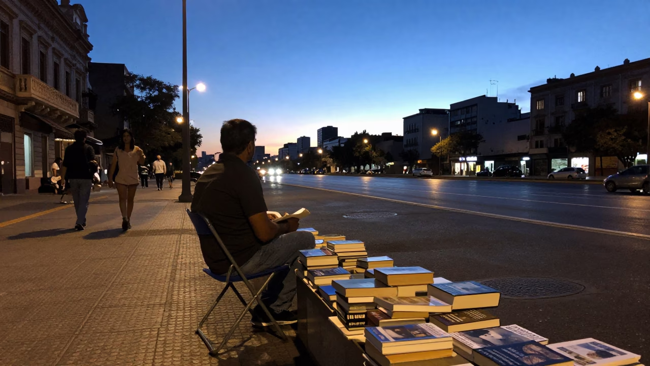 Blue Hour Buenos Aires Street Scene with Paperbacks and Folding Chair in in Buenos Aires, Argentina