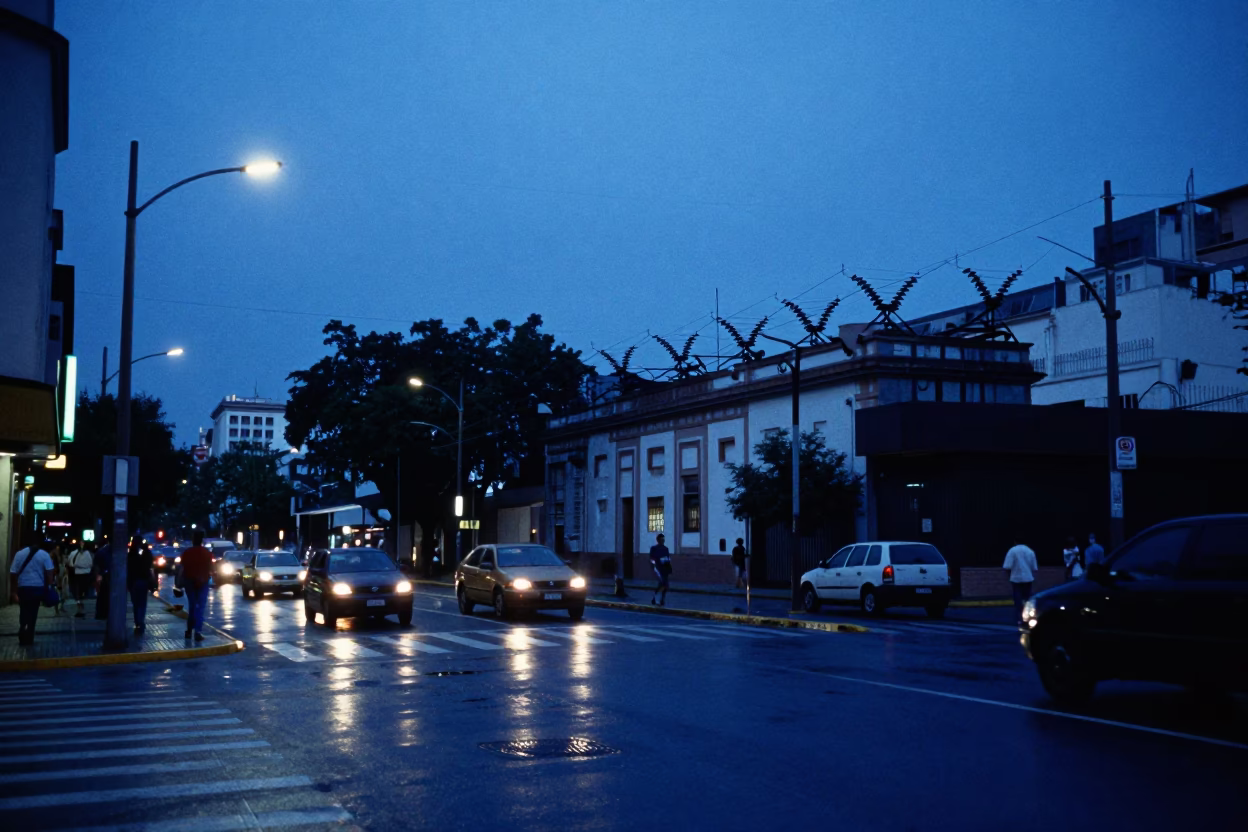 Blue Hour Buenos Aires Street Scene with Sparkling Substation Insulators and Evening Ambiance in in Buenos Aires, Argentina