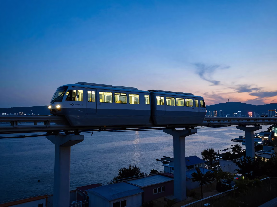 Blue Hour Busan South Korea Monorail Sweeping Above Hwanghae River Urban Landscape in in Busan, South Korea