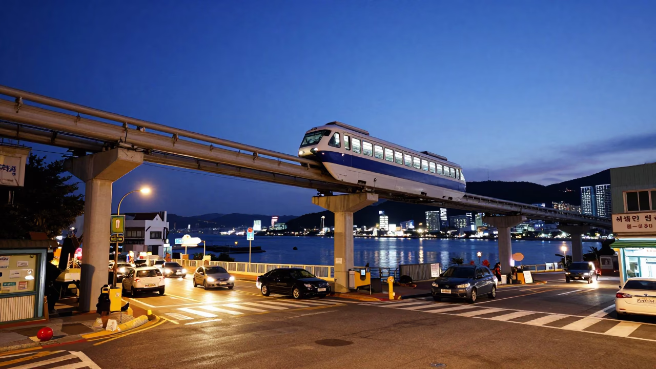 Blue Hour Busan Street Scene with Monorail and River Reflections in in Busan, South Korea