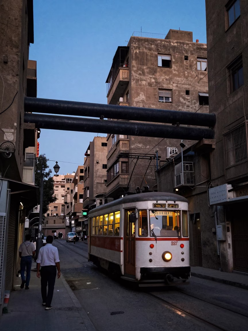 Blue Hour Cairo Street Scene with Tram and District Heating Pipes in in Cairo, Egypt