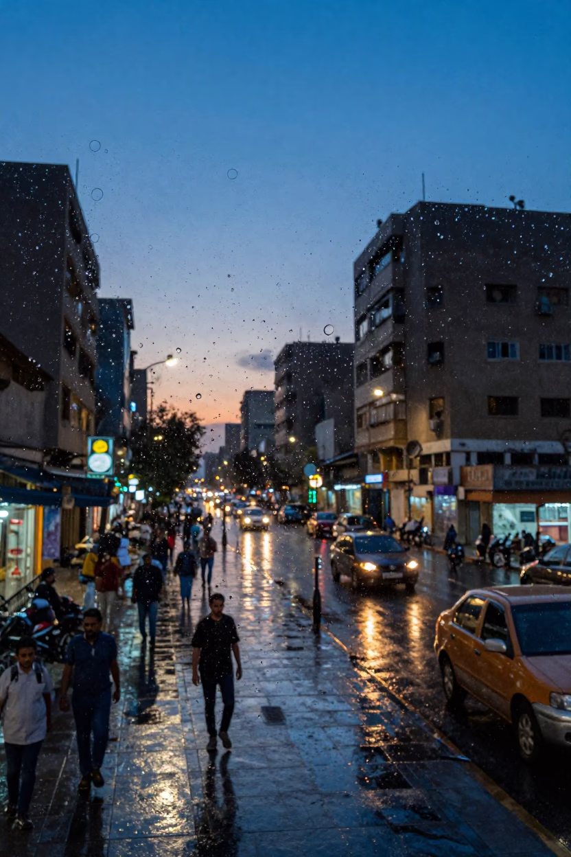 Blue Hour Cairo Street Scene with Water Droplets on Glass and Urban Activity in in Cairo, Egypt