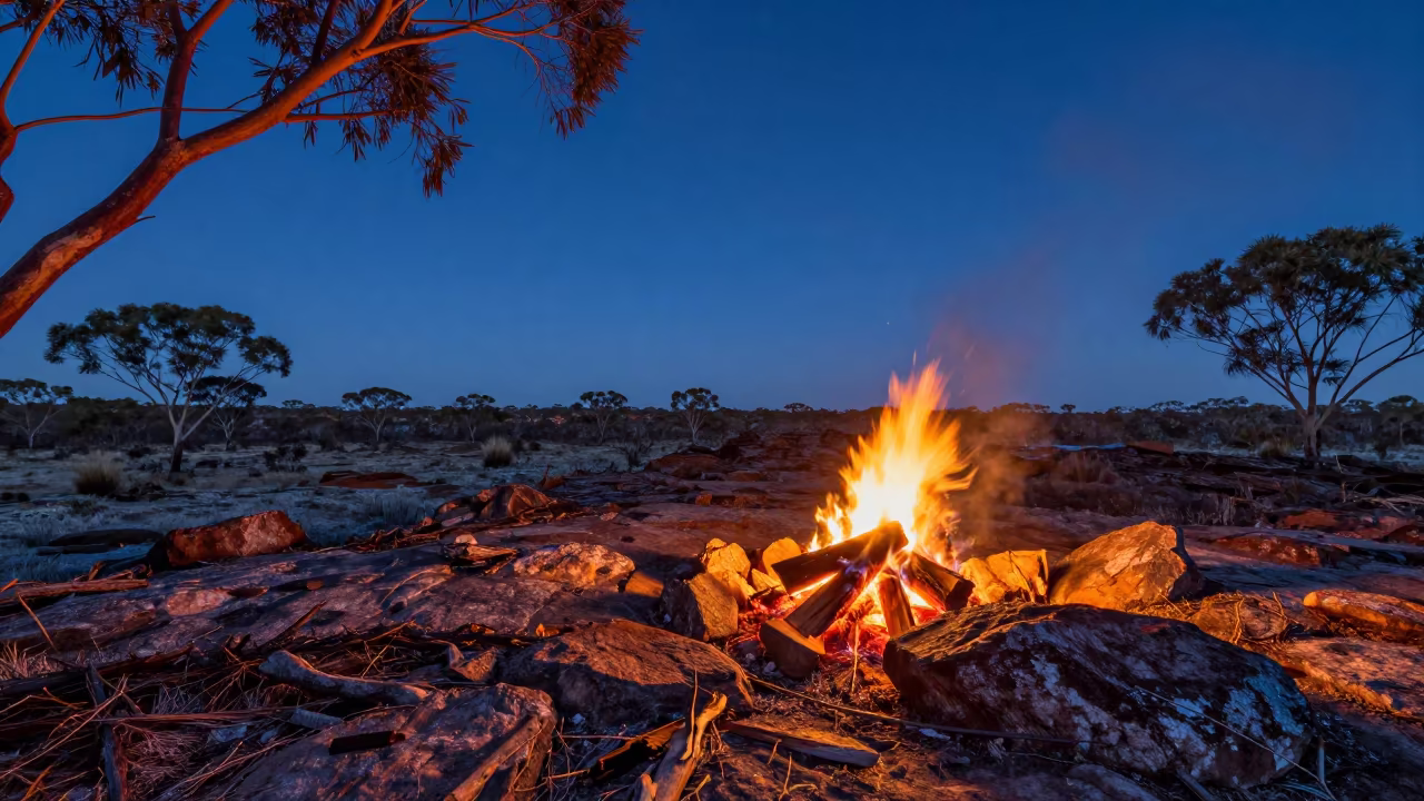 Blue Hour Campfire on Australian Ridge in from a frost-hushed ridgeline in Western Australia