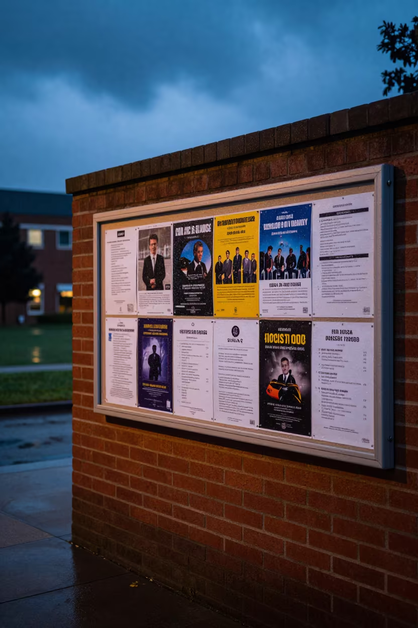Blue Hour Campus Notice Board Near Beit Shemesh in outside a brick lecture building near Beit Shemesh