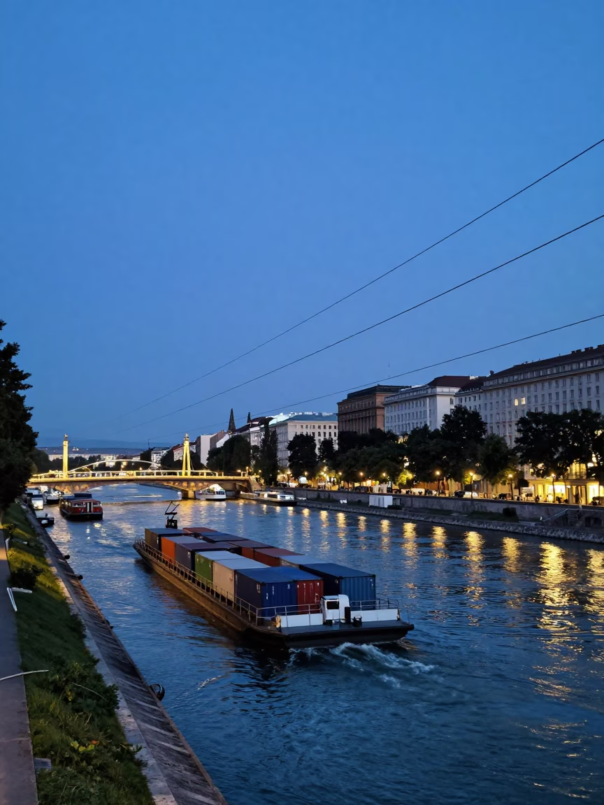 Blue Hour Canal Barge and Tramway View in Vienna Austria Evening in in Vienna, Austria