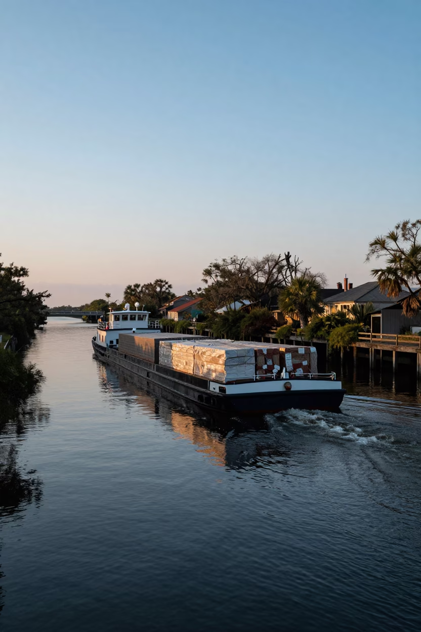 Blue Hour Canal Barge Loaded with Cargo on New Orleans Waterway in in New Orleans, Louisiana, United States