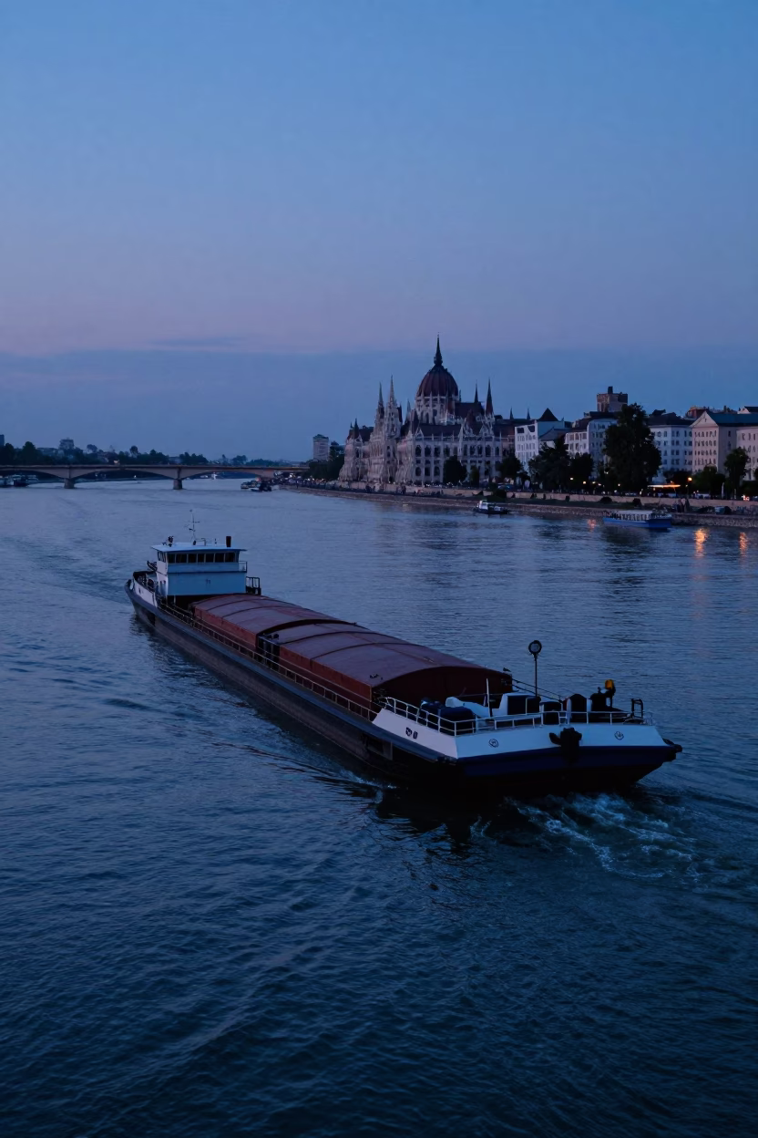 Blue Hour Canal Barge Loading Cargo Along Budapest Danube River Banks in in Budapest, Hungary