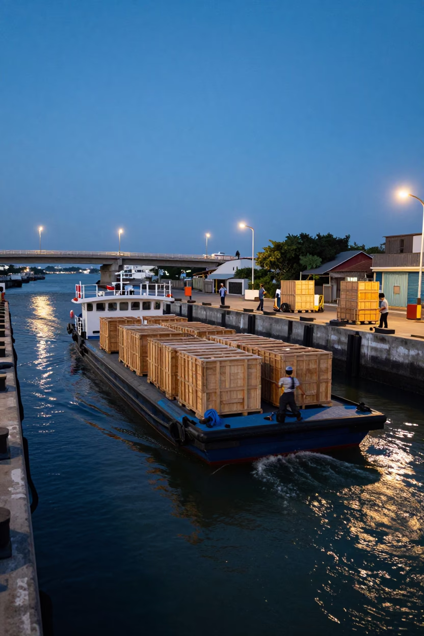Blue Hour Canal Barge Loading Cargo in Kaohsiung Taiwan in in Kaohsiung, Taiwan