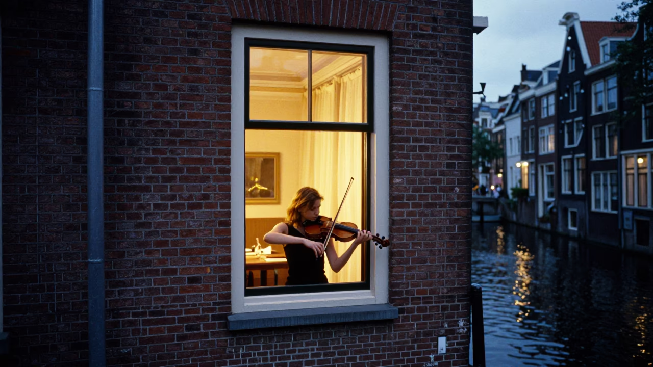 Blue Hour Canal Scene Amsterdam with Girl Practicing Violin by Window in in Amsterdam, Netherlands