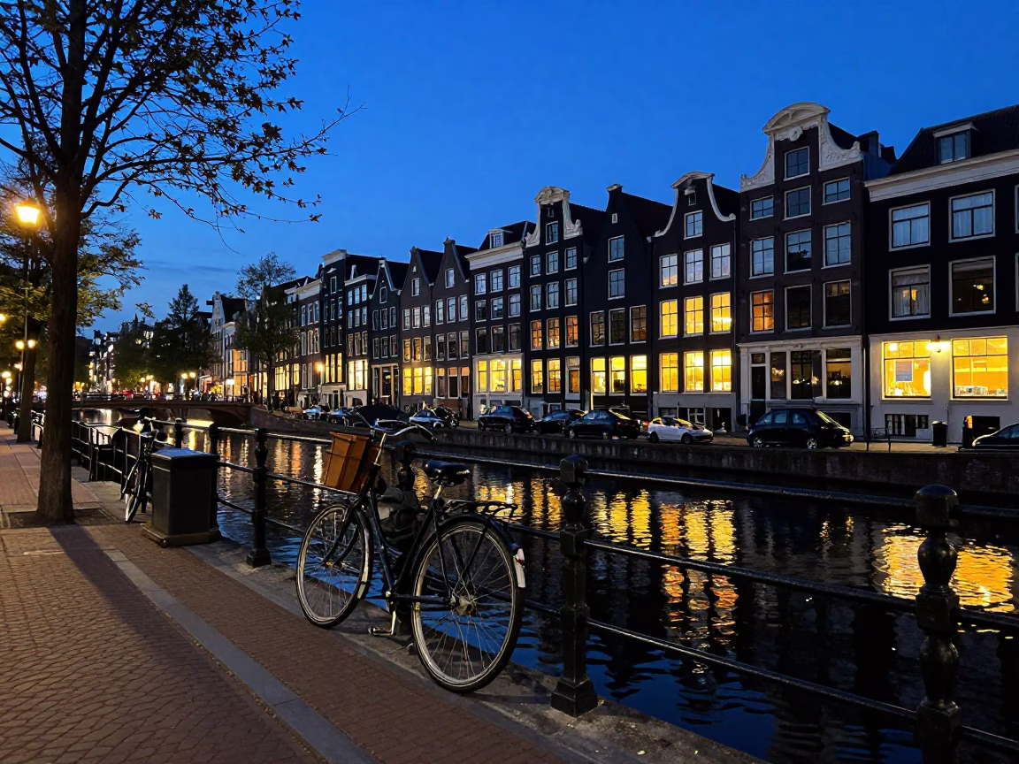 Blue Hour Canal Scene in Amsterdam Netherlands with Bicycle and Reflections in in Amsterdam, Netherlands