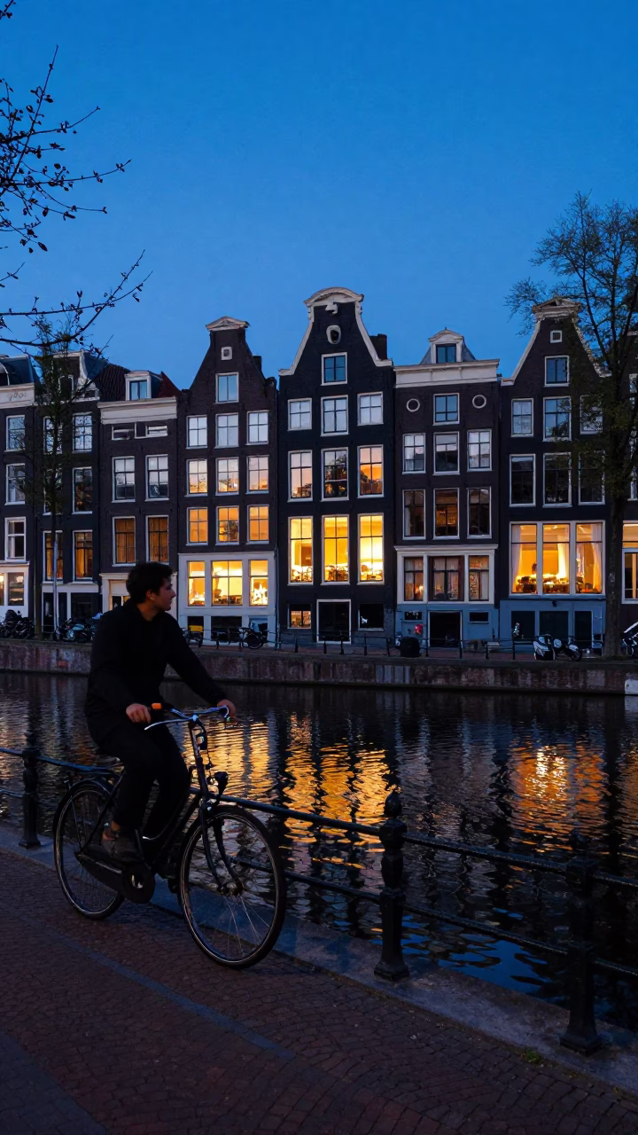 Blue Hour Canal Scene in Amsterdam Netherlands with Bicycle and Reflections in in Amsterdam, Netherlands