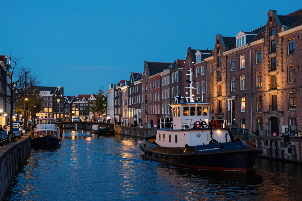 Blue Hour Canal Scene in Amsterdam Netherlands with Tugboat and Historic Architecture in in Amsterdam, Netherlands