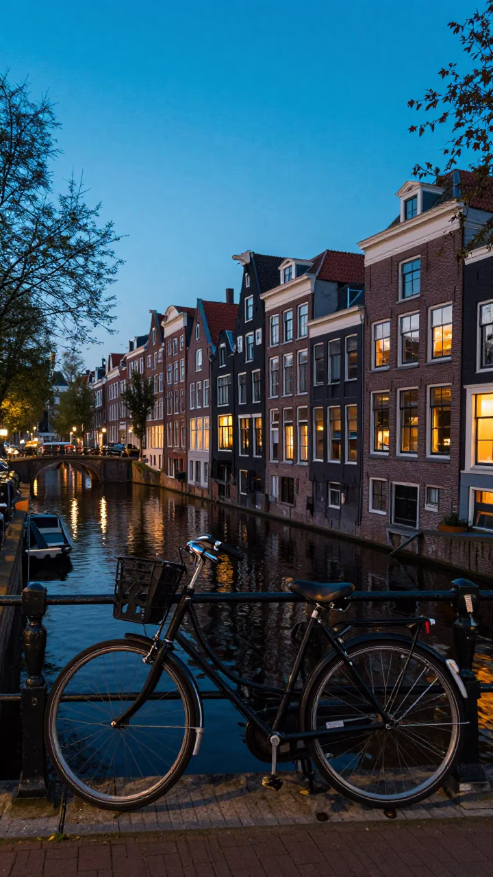 Blue Hour Canal Scene in Amsterdam Netherlands with Vintage Bicycle and Brick Architecture in in Amsterdam, Netherlands