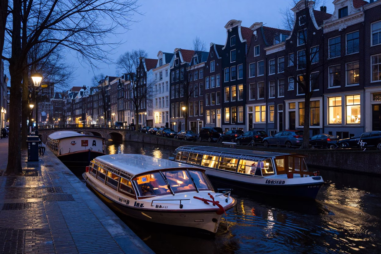 Blue Hour Canal Scene in Amsterdam with Water Taxi and Houseboats in in Amsterdam, Netherlands