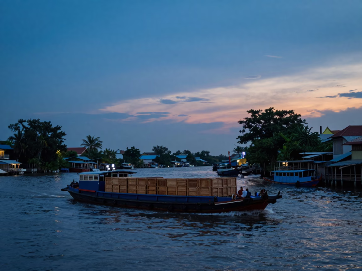 Blue Hour Canal Scene in Bangkok Thailand with Cargo Barge and Traditional Longtail Boat in in Bangkok, Thailand