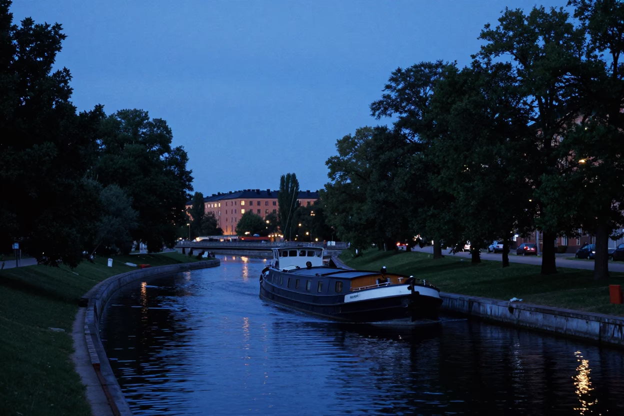 Blue Hour Canal Scene in Stockholm Sweden with Barge and Tree Lined Banks in in Stockholm, Sweden