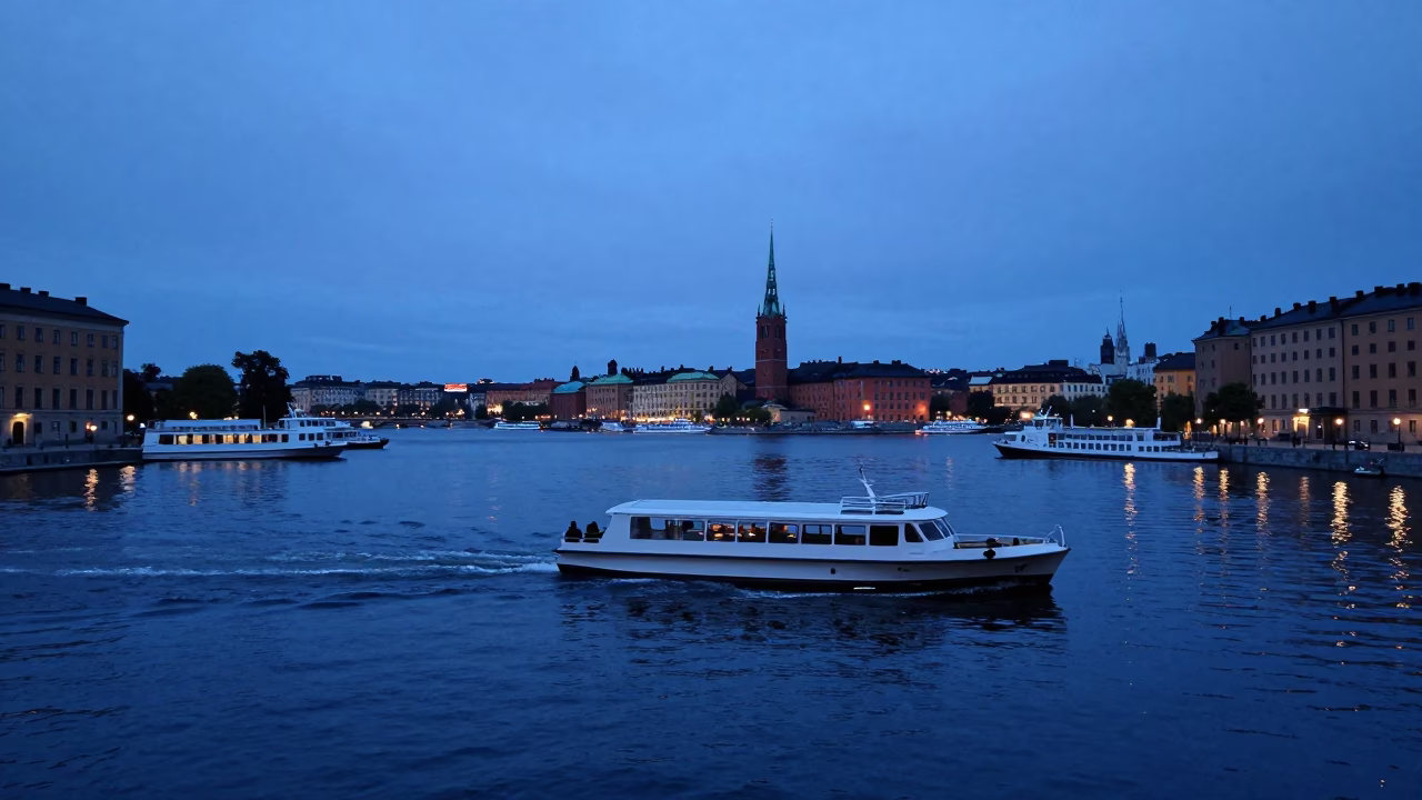 Blue Hour Canal Scene in Stockholm Sweden with Water Taxi and Houseboats in in Stockholm, Sweden