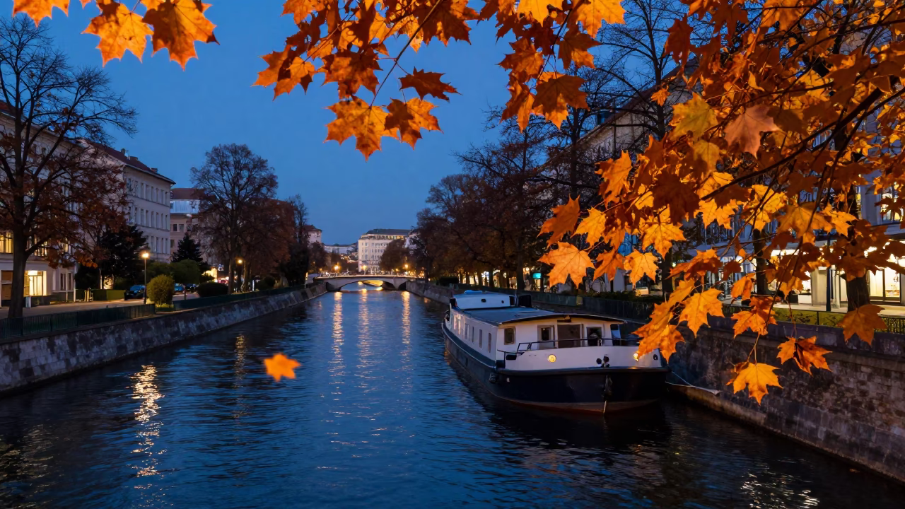 Blue Hour Canal Scene in Vienna Austria with Barge and Autumn Leaves in in Vienna, Austria
