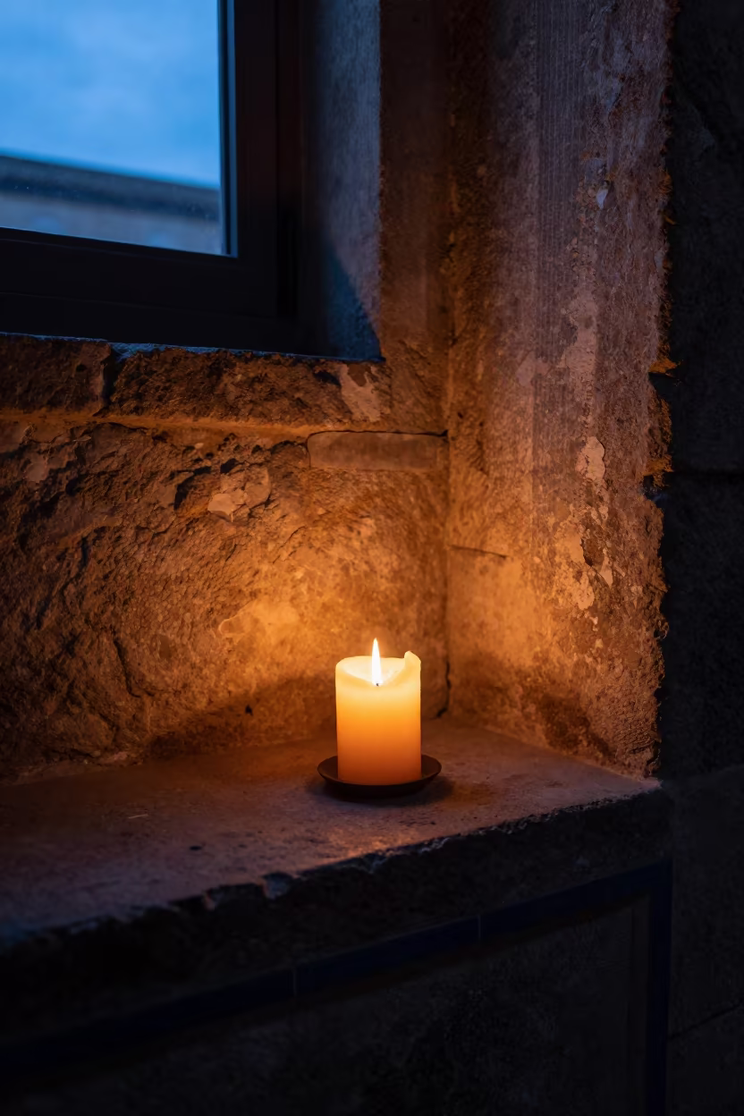Blue Hour Candle on Stone Cellar Ledge in on a painted display ledge near Cordoba Argentina